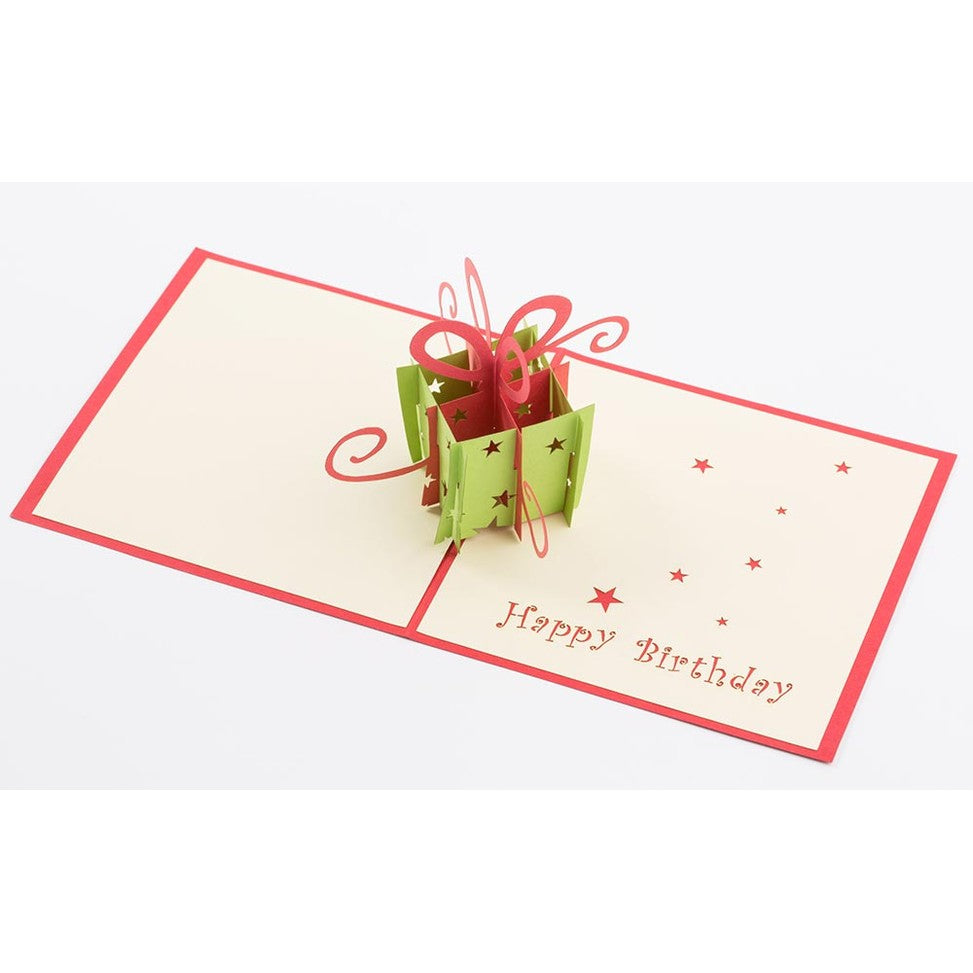 Intricate Greetings Cards Gift Box; lime green pop-up panels, red interior, curling ribbons, Happy Birthday text.