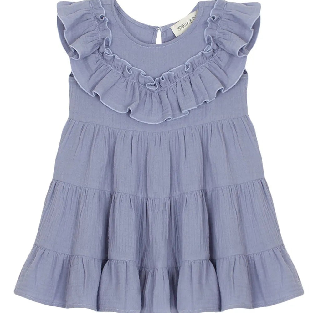 Isobella And Chloe Perry Pretty Cotton Gauze Dress Purple, with ruffled neckline and flutter sleeves, shown laid flat to reveal tiered skirt.