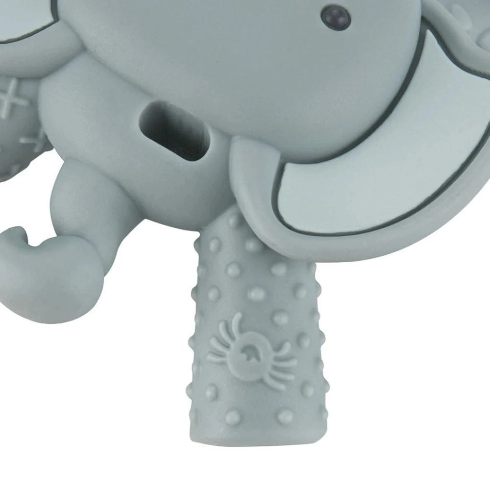 Itzy Ritzy elephant molar teether in grey silicone with a textured nubbed handle