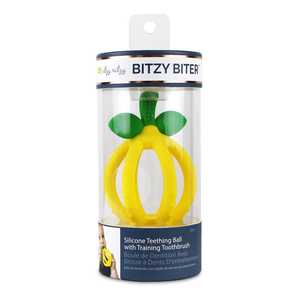 Itzy Ritzy Bitzy Biter Lemon Ball Teether, yellow silicone ring with green leaf accents