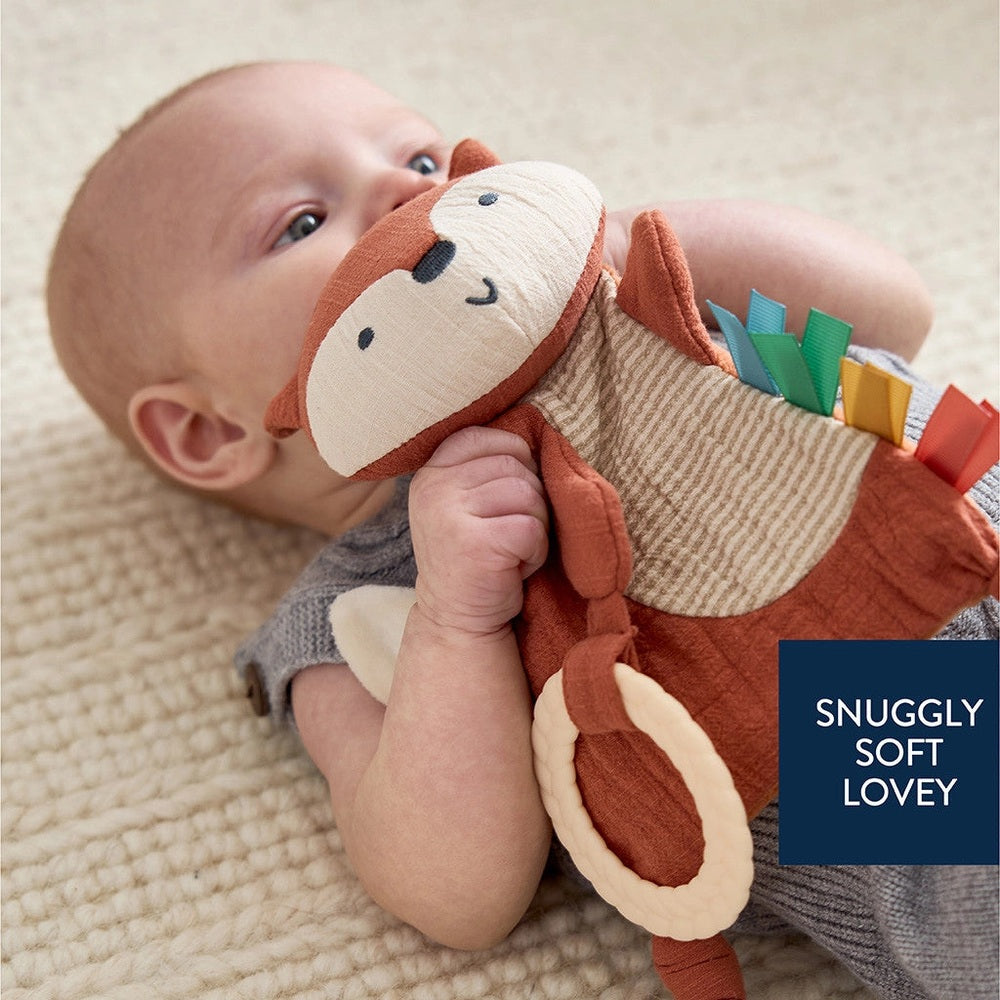 Itzy Ritzy Bitzy Crinkle Sensory Toy with Teether, brown fox plush with multicolor ribbon tabs