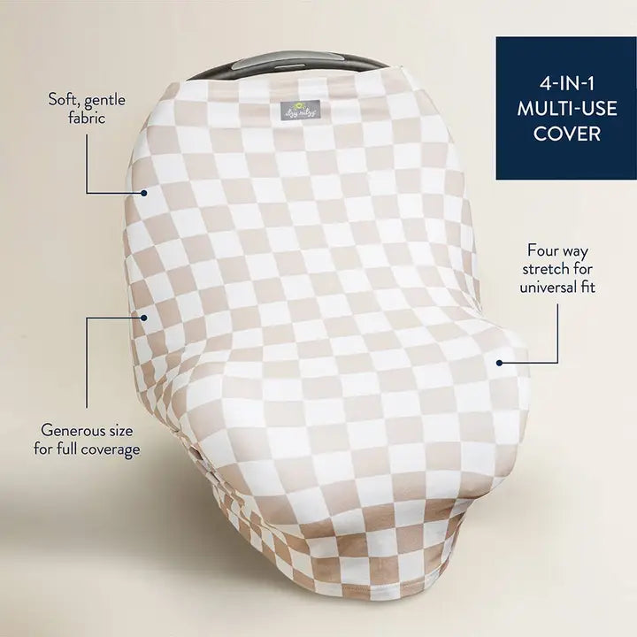 Itzy Ritzy Mom Boss 4-in-1 Multi-Use Cover in taupe checkered fabric for nursing and baby care