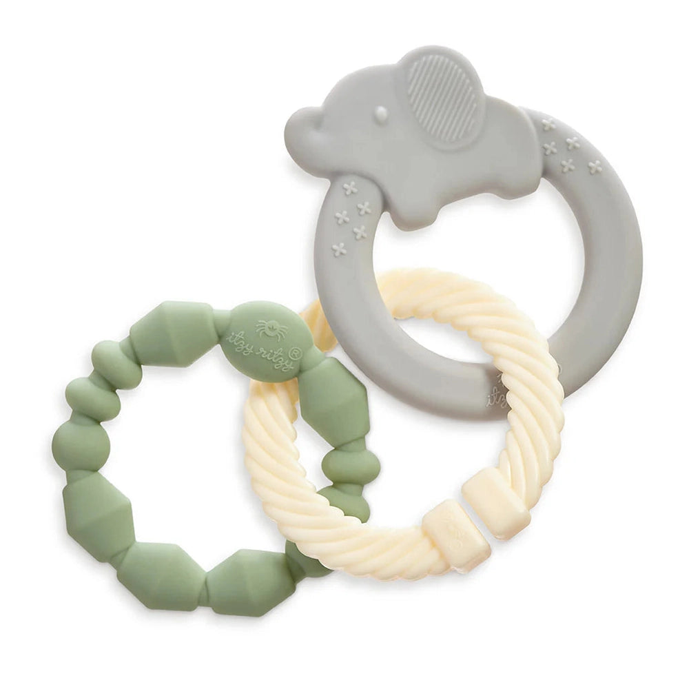 Itzy Ritzy Itzy Loops teething toy set with gray elephant ring, green bead loop, and cream twisted rope loop