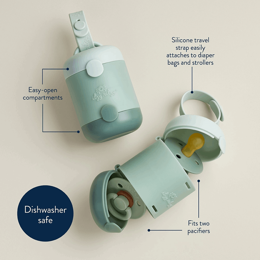Itzy Ritzy Itzy Pod Duo pacifier case in mint green with silicone travel strap; holds two pacifiers, dishwasher safe