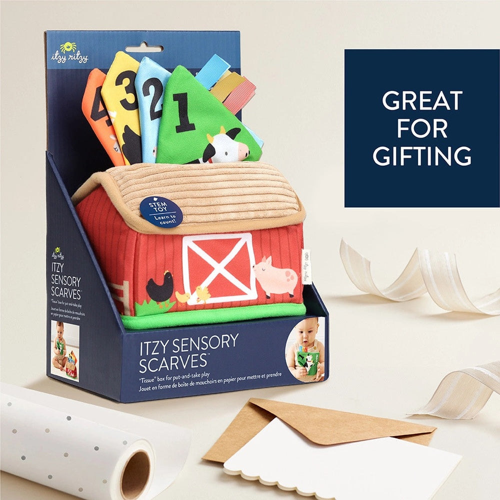 Itzy Ritzy sensory scarves set with colorful scarves and farm animals in a blue gift box