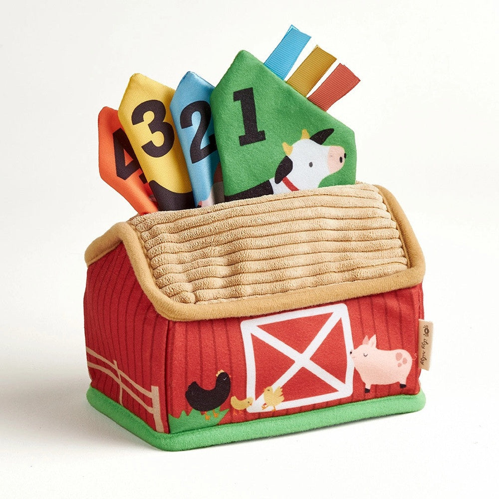 Itzy Ritzy sensory scarves set in red barn pouch; four colorful numbered scarves with ribbons