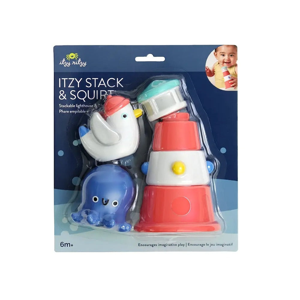 Itzy Ritzy Stack & Squirt bath toy set featuring a pink stackable lighthouse and blue squid in packaging.