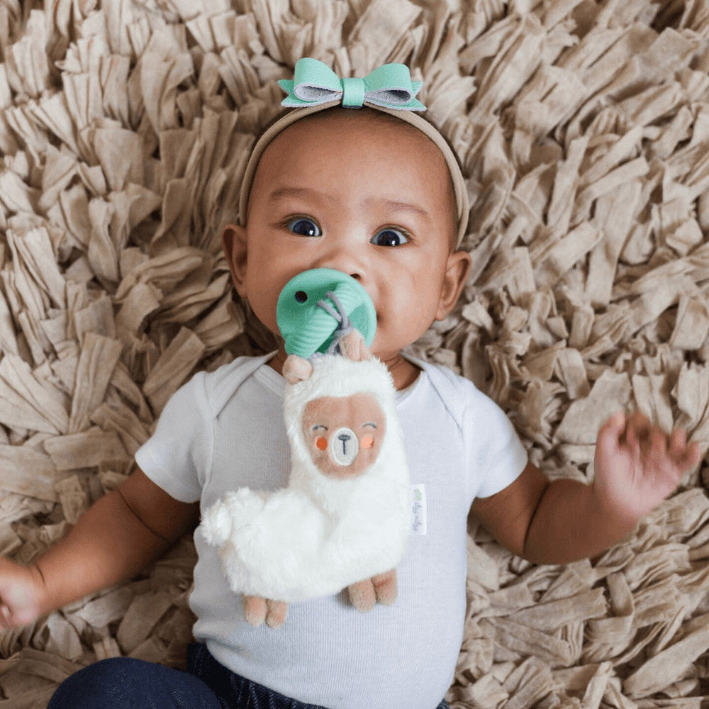 Itzy Ritzy Sweetie Pal pacifier with mint green pacifier attached to a white plush llama