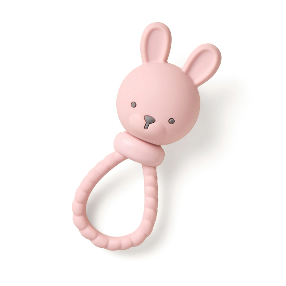 Itzy Ritzy Sweetie Rattle Pink Bunny, soft silicone, ribbed loop rattle with bunny head.