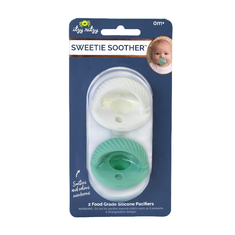 Itzy Ritzy Sweetie Soother pacifiers 2-pack in white and teal silicone