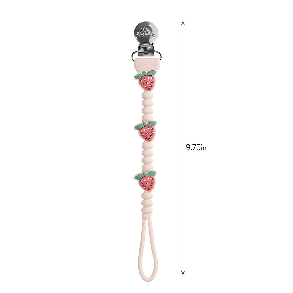 Itzy Ritzy Sweetie Strap Plus pacifier clip with pink beads and 3 strawberry charms, 9.75in