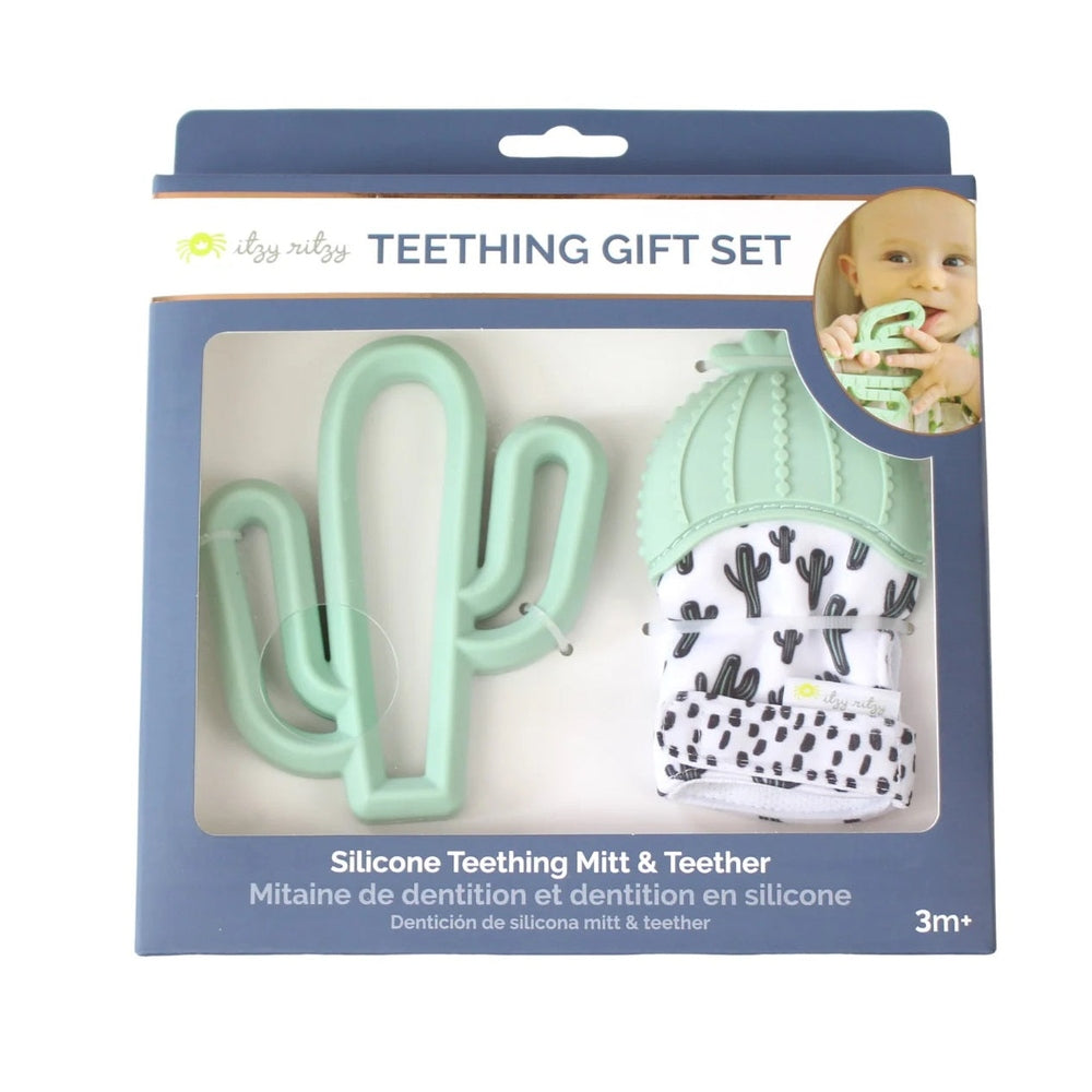 Itzy Ritzy Teething Mitt & Teether Gift Set; mint cactus silicone teether with printed fabric mitts (3m+)