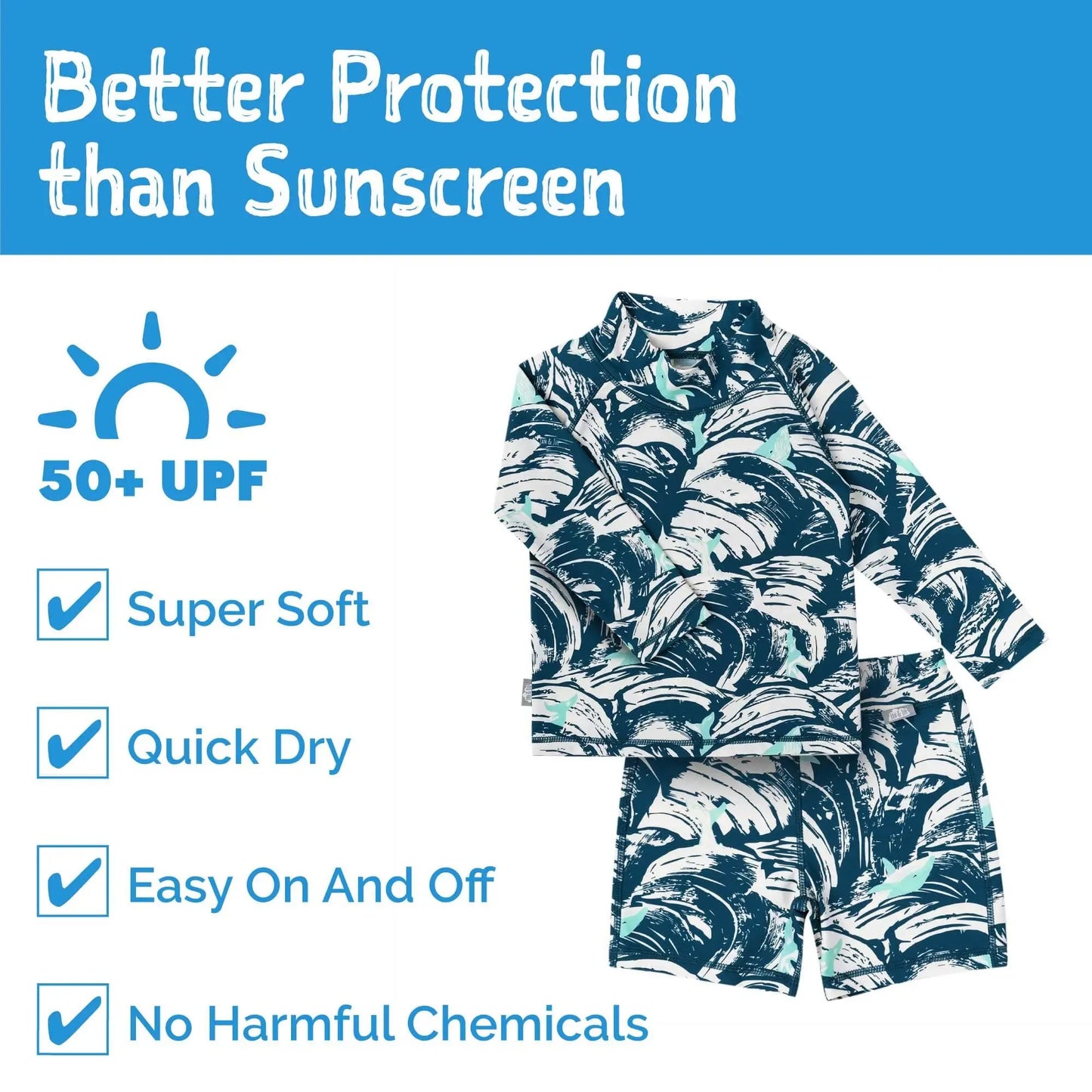 Jan & Jul kids UV rashguard 2-piece Wave Rider; navy teal leaf print