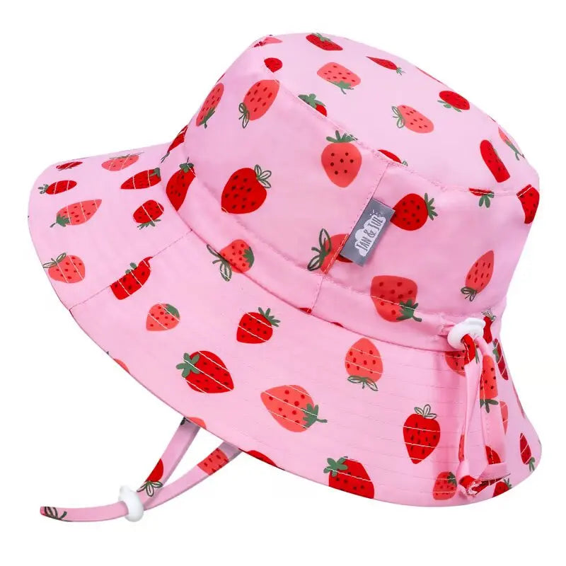 Jan & Jul kids water repellent bucket hat pink strawberry pattern