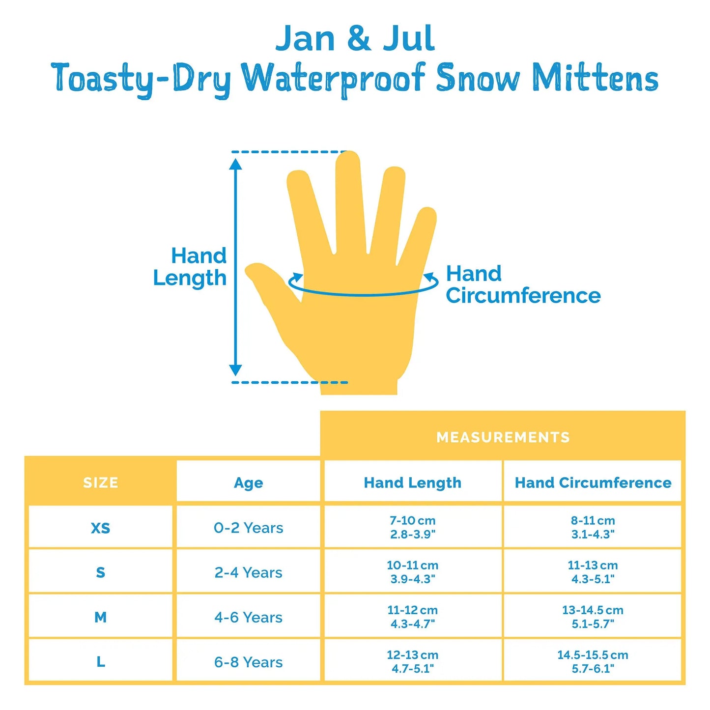 Jan & Jul Waterproof Cozy Dry Rain Mitten Bear; yellow mitten shown with a hand-length and hand-circumference measurement chart.