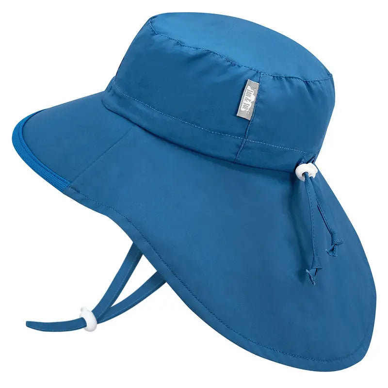 Jan & Jul Cotton Adventure Hat Atlantic Blue, wide brim sun shield, adjustable chin strap with toggle.