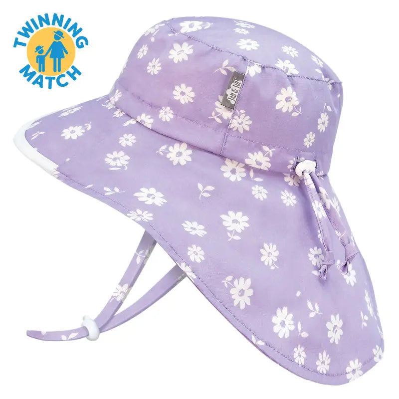 Jan & Jul Kids Cotton Adventure Hats Purple Daisy, lilac sun hat with white daisies and adjustable chin strap