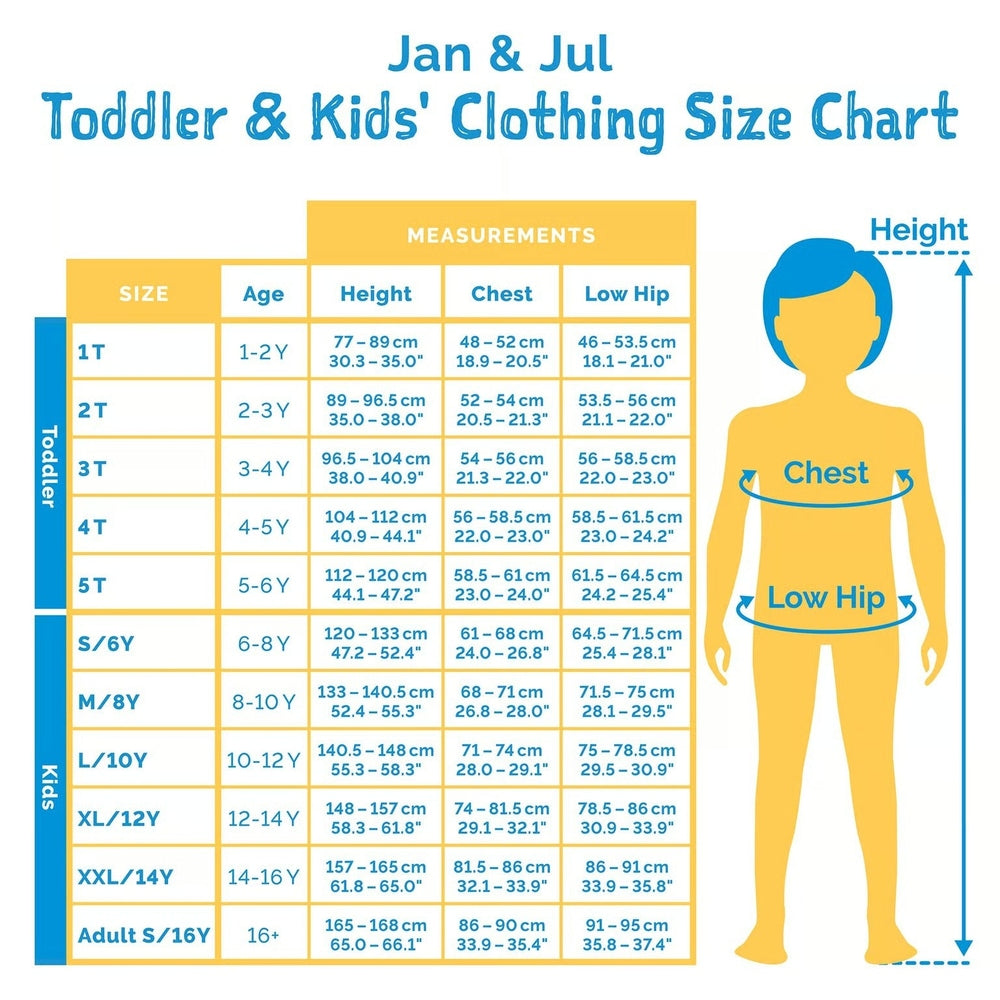 Jan & Jul Kids Cotton Blend Base Layer Tops Black size chart with age, height, chest, hip measurements and body diagram.