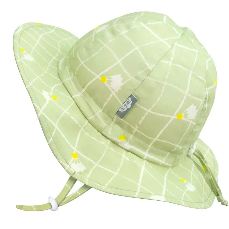 Jan & Jul Kids Cotton Floppy Hat Birdie in pale green with grid pattern and yellow dots; adjustable chin strap shown.