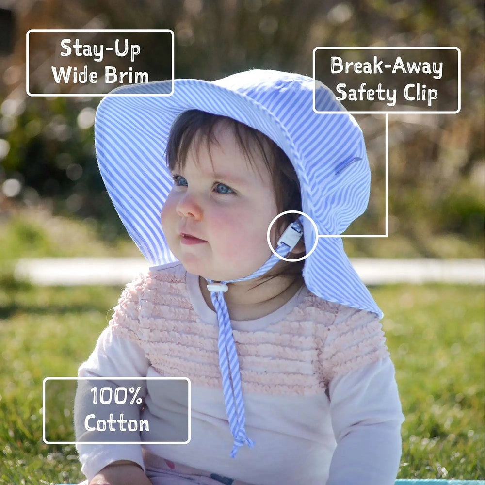 Jan & Jul Kids Cotton Floppy Hat Birdie, blue-white striped wide brim, secured under chin with break-away safety clip.