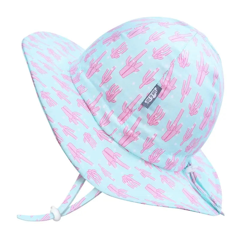 Jan & Jul Kids Cotton Floppy Hat Coral with pink cactus print on light blue fabric, chin strap ties.