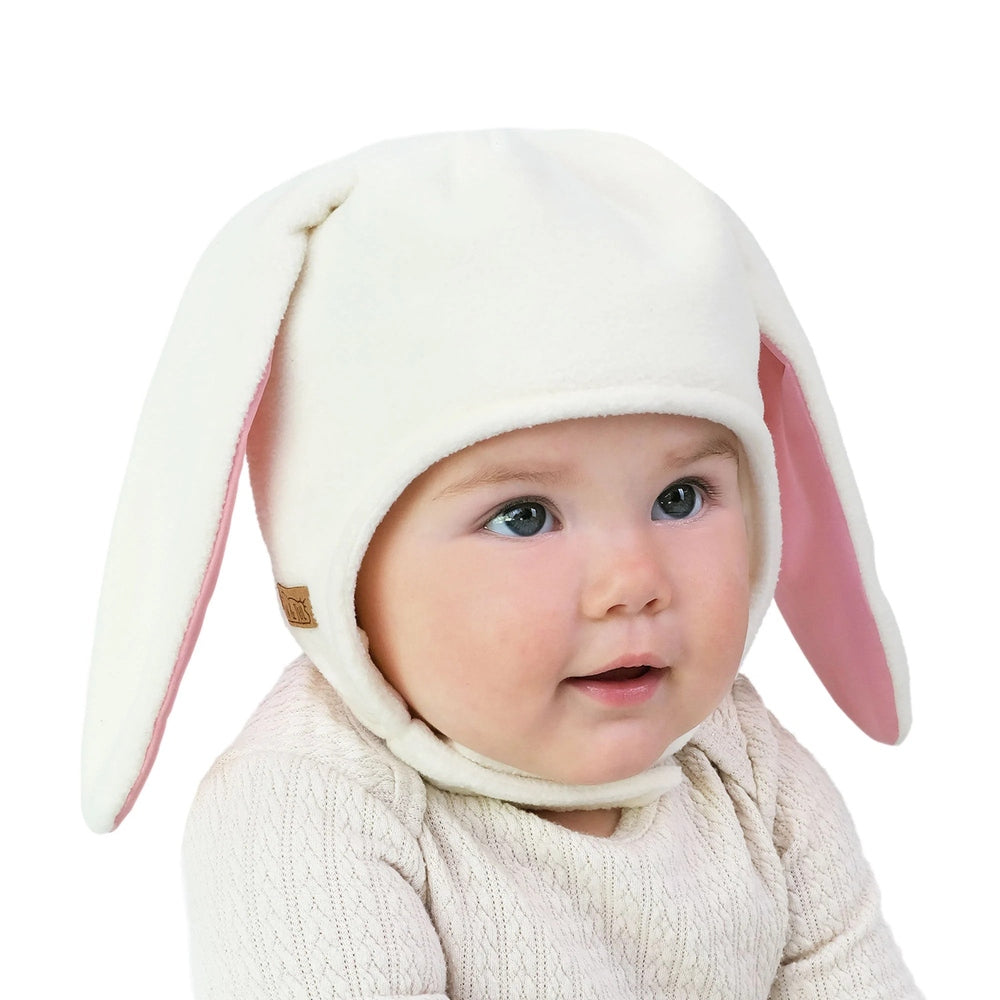 Jan & Jul Kids Fleece Animal Cream Bunny hat on baby, cream fleece with pink-lined ears, cozy warmth.