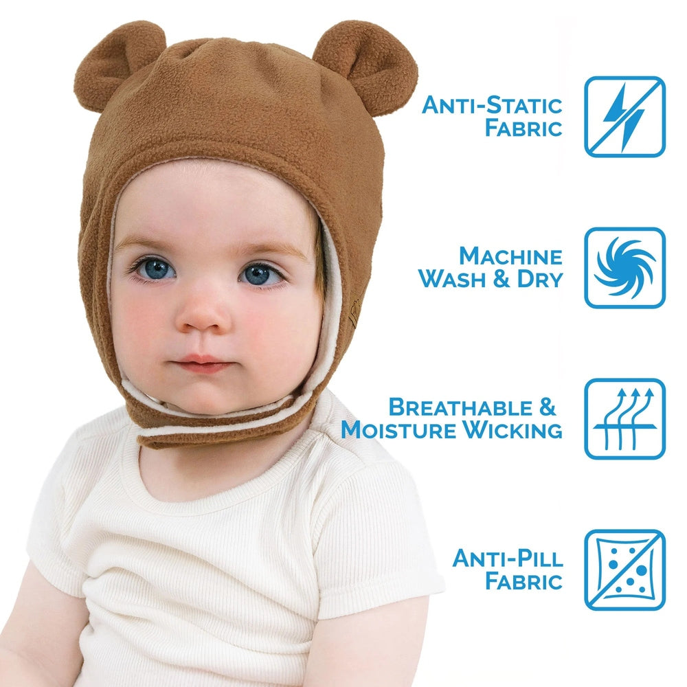 Jan & Jul Kids Fleece Brown Bear Hat on a baby, plush fleece with bear ears and cozy fit.