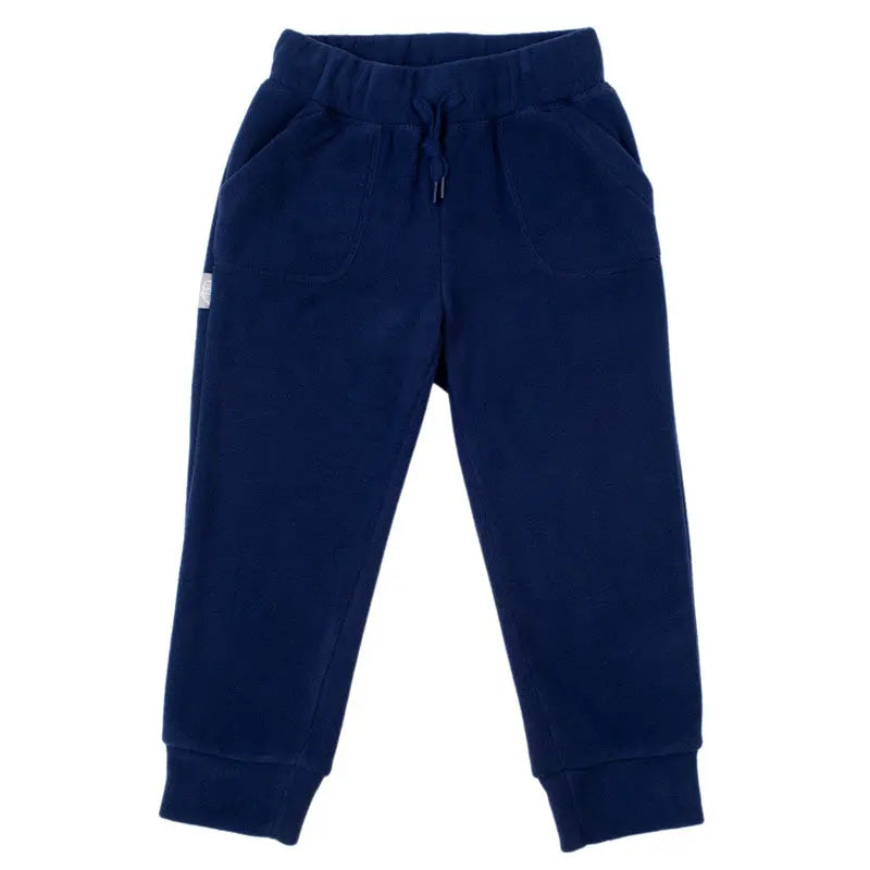 JAN & JUL Kids Fleece Pants Navy, soft pull-on joggers with elastic waistband and cuffed ankles, laid flat.