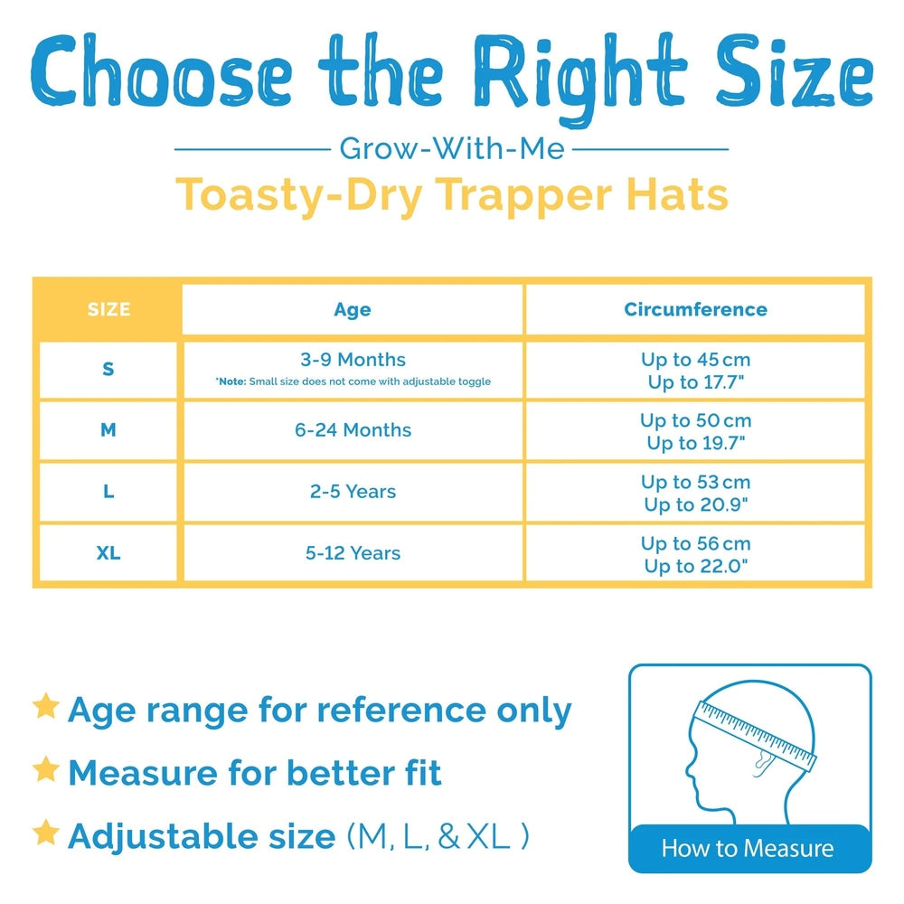 JAN & JUL Kids Insulated Winter Hat in Dusty Blue beside a size chart showing ages and head-circumference ranges.