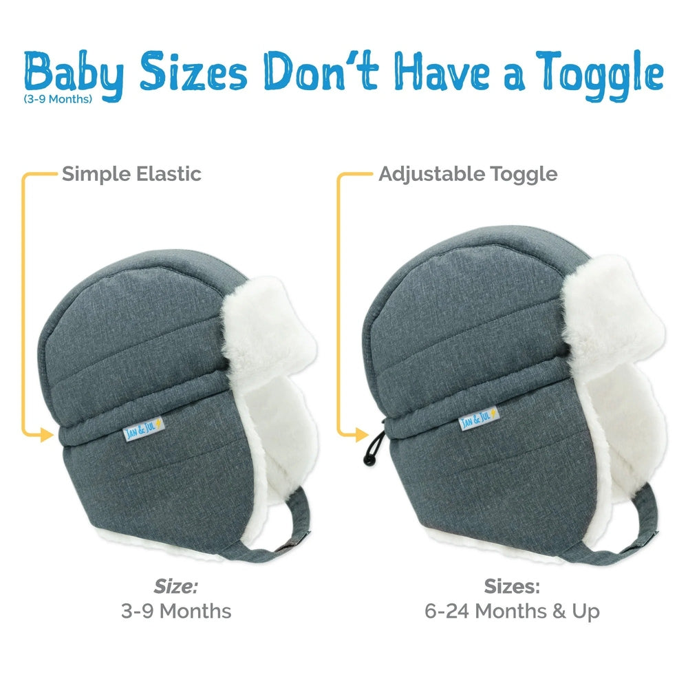 Jan & Jul Kids Insulated Winter Hats Grey, two fleece-lined hats shown with simple elastic and adjustable toggle.