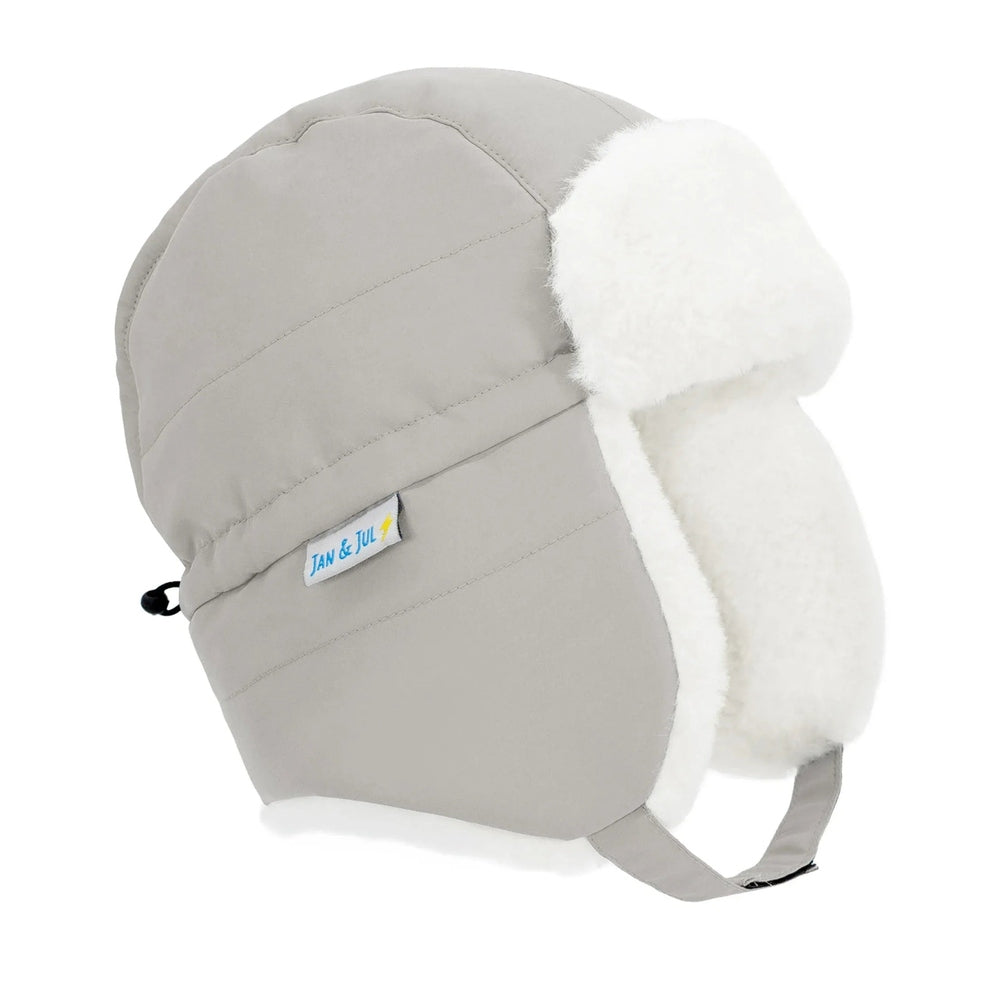 Jan & Jul Kids Insulated Winter Hats Greystone: gray padded trapper hat with white faux‑fur ear flaps for cozy warmth