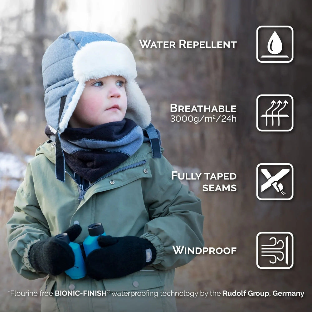 JAN & JUL Kids Insulated Winter Hats Soft Brown worn by a child outdoors, showing water-repellent, breathable, fully taped seams, windproof features.