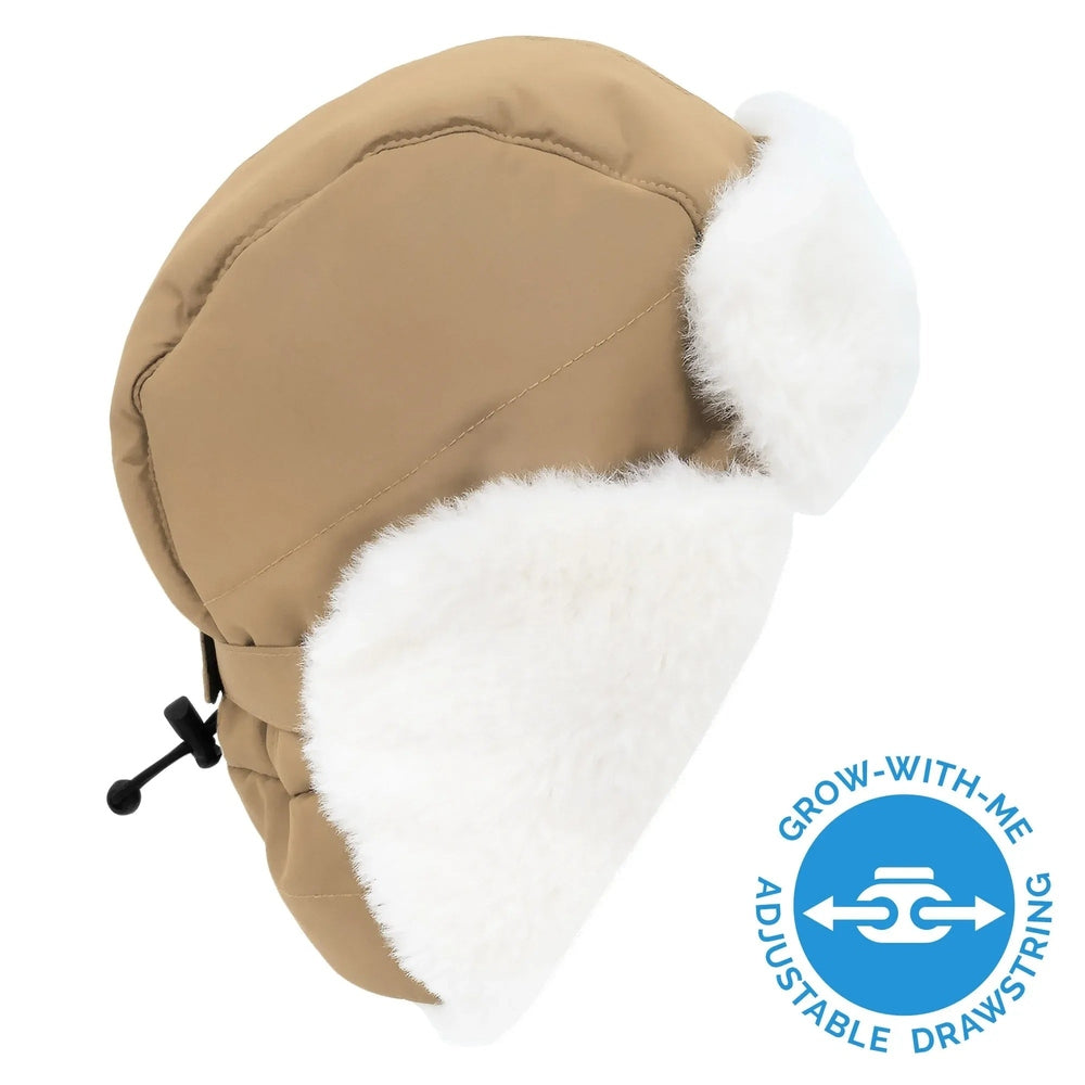 Jan & Jul Kids Insulated Winter Hat in soft brown with white faux‑fur ear flaps and a visible adjustable drawstring.
