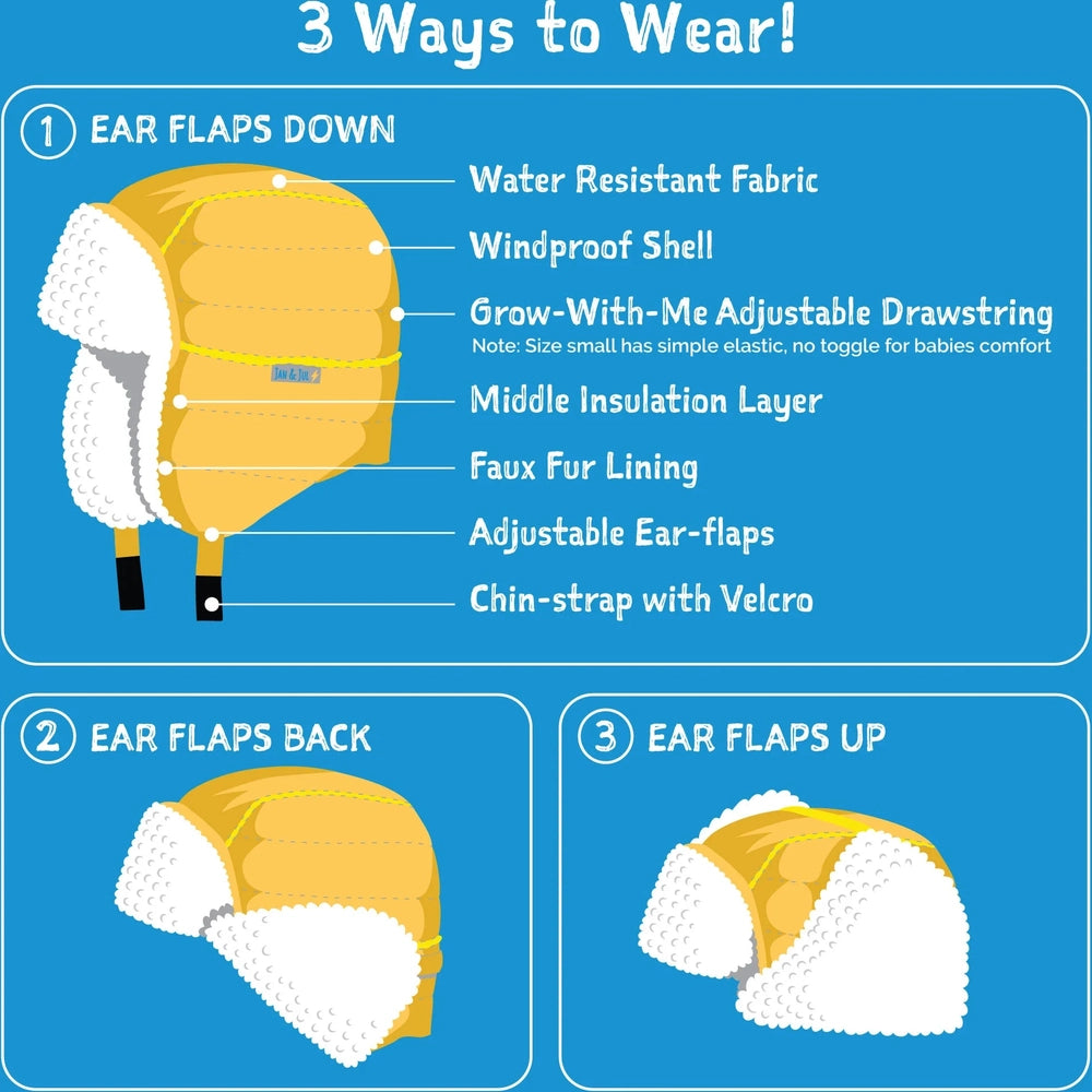 Jan & Jul Space Dinos kids insulated winter hat—orange with faux fur—shows ear flaps down, back, and up.