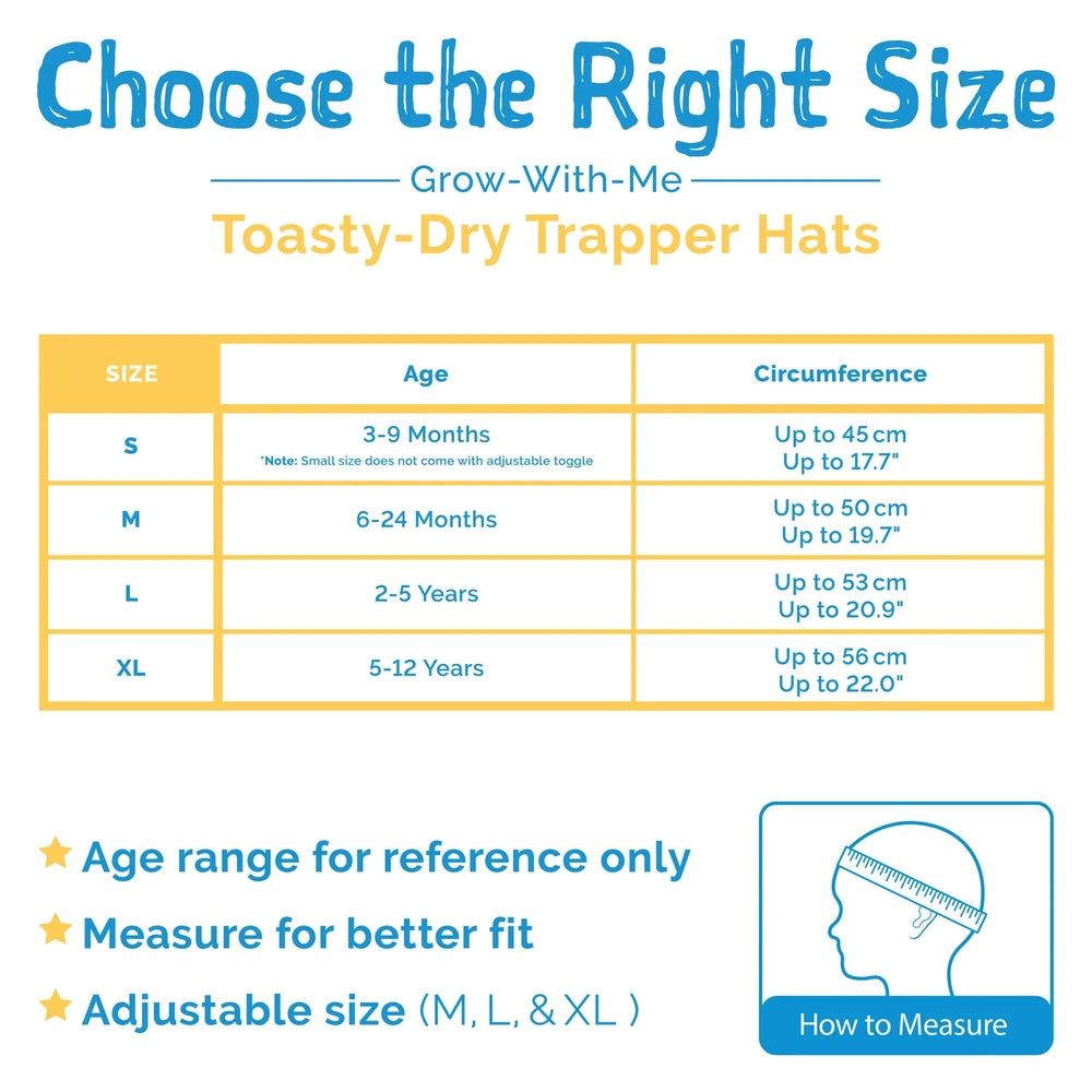 Jan & Jul Kids Insulated Winter Hats Space Dinos size chart shows age-based and circumference measurements plus how-to-measure guide.
