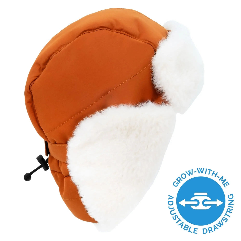 Jan & Jul Kids Insulated Winter Hats Terracotta with white fleece ear flaps; adjustable chin strap shown.