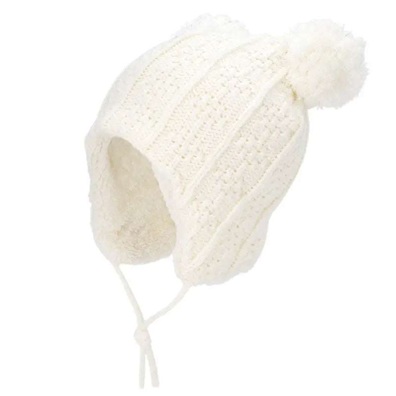 Jan & Jul Kids Knitted Beanies Hat Cream Bear, cream knit with fluffy bear pom-pom and ear-flap ties.