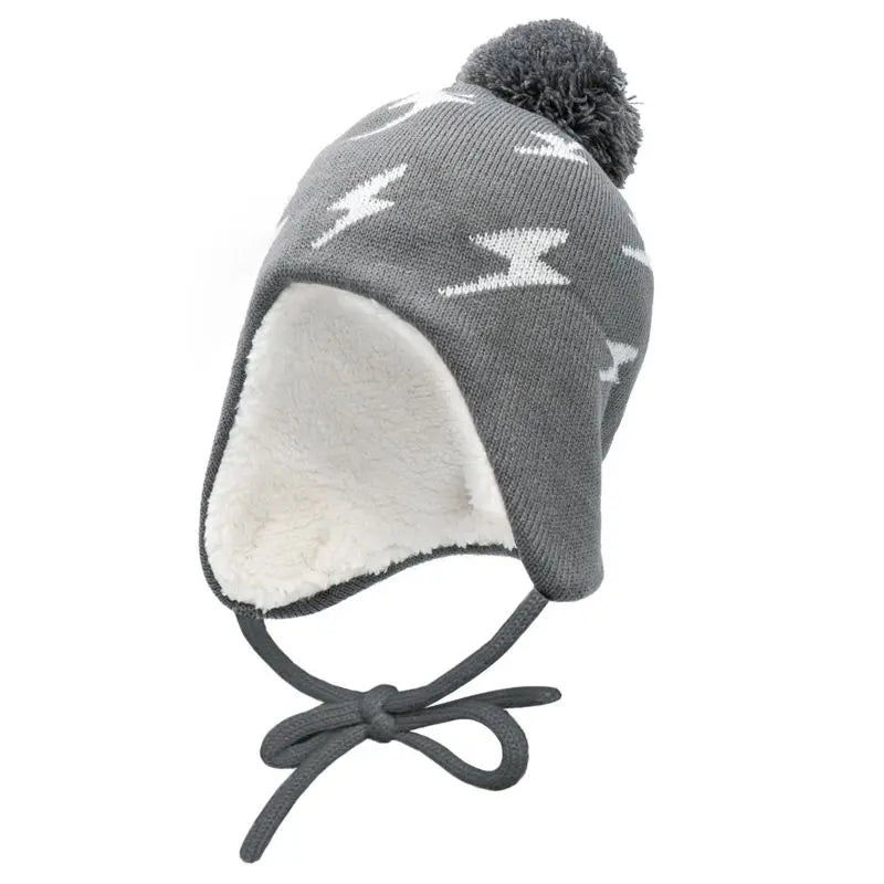 JAN & JUL Kids Knitted Beanie Hat Grey Lighting Bolt with pom-pom, fleece-lined and chin-strings tied.
