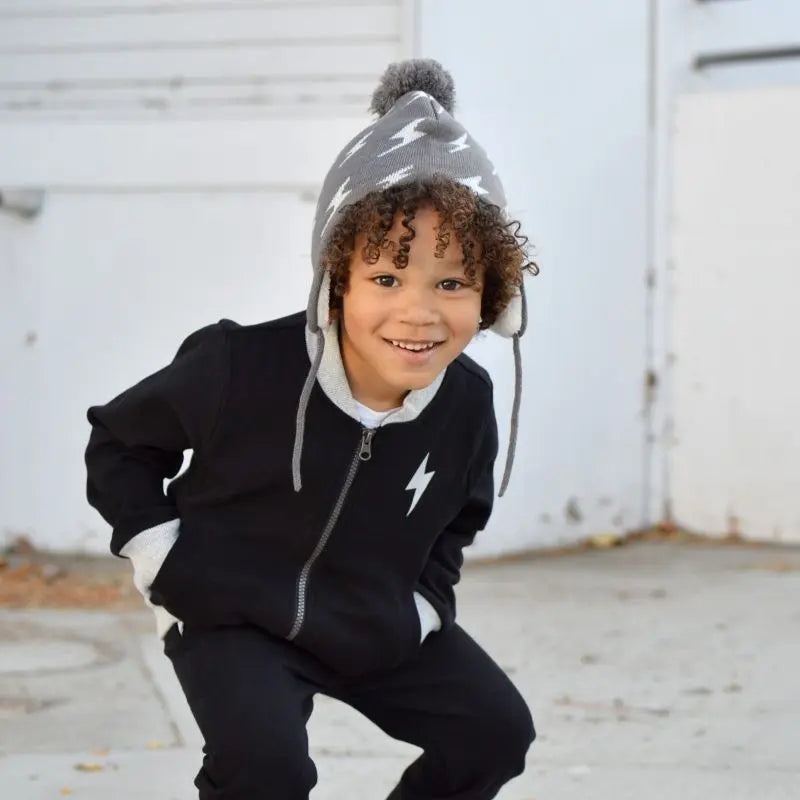 Jan & Jul Kids Knitted Beanies Hat Grey Lighting Bolt