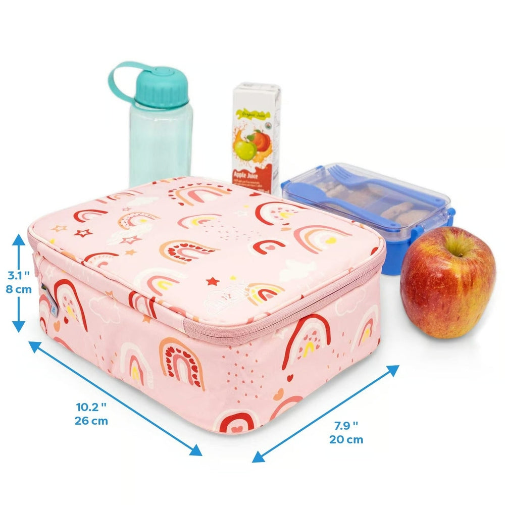 Jan & Jul Kids Lunch Bag Pink Rainbow, insulated tote with rainbow pattern, 26x20x8 cm