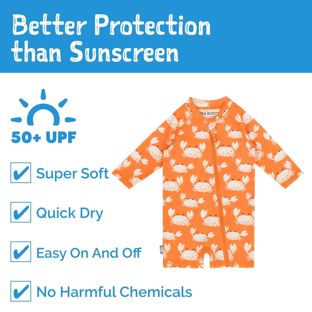 JAN & JUL Kids One Piece UV Sun Suit Crabby Crab in orange with crabs; 50+ UPF, quick-dry, easy on/off.