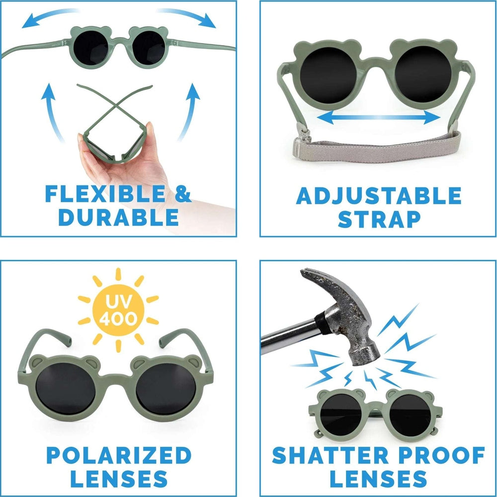 Jan & Jul kids bear sunglasses in crocodile green with polarized lenses and adjustable strap