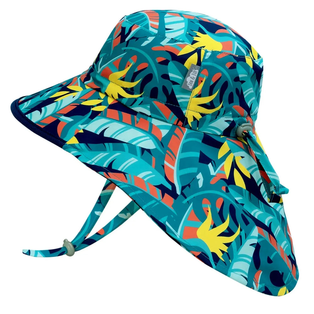 JAN & JUL Kids Water Repellent Adventure Hat in tropical teal print with an adjustable chin strap.