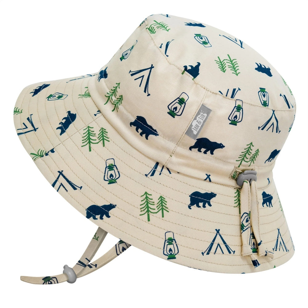 Jan & Jul Kids Water Repellent Bucket Hat Bear Camp in beige with camping icons; adjustable chin strap shown.