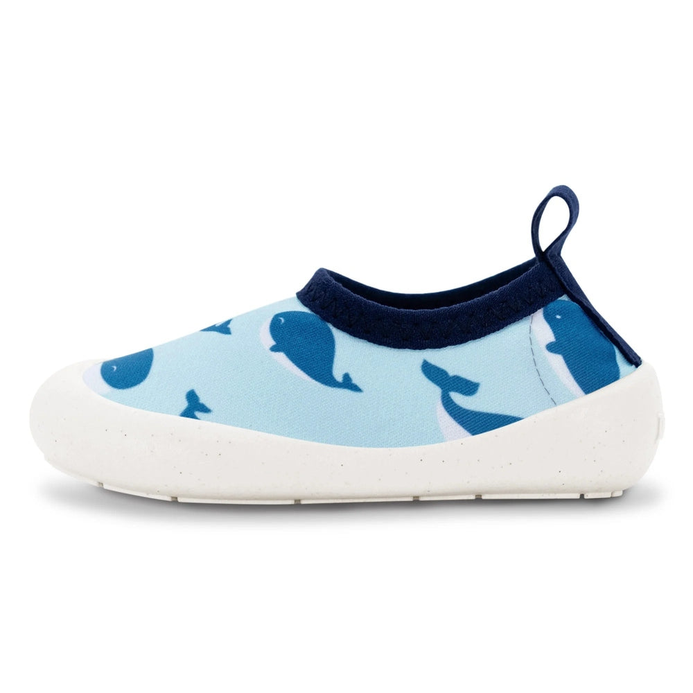 Jan & Jul Kids Water Shoes Blue Whale print with navy trim and white speckled sole; toddler uses the back loop to slip on.