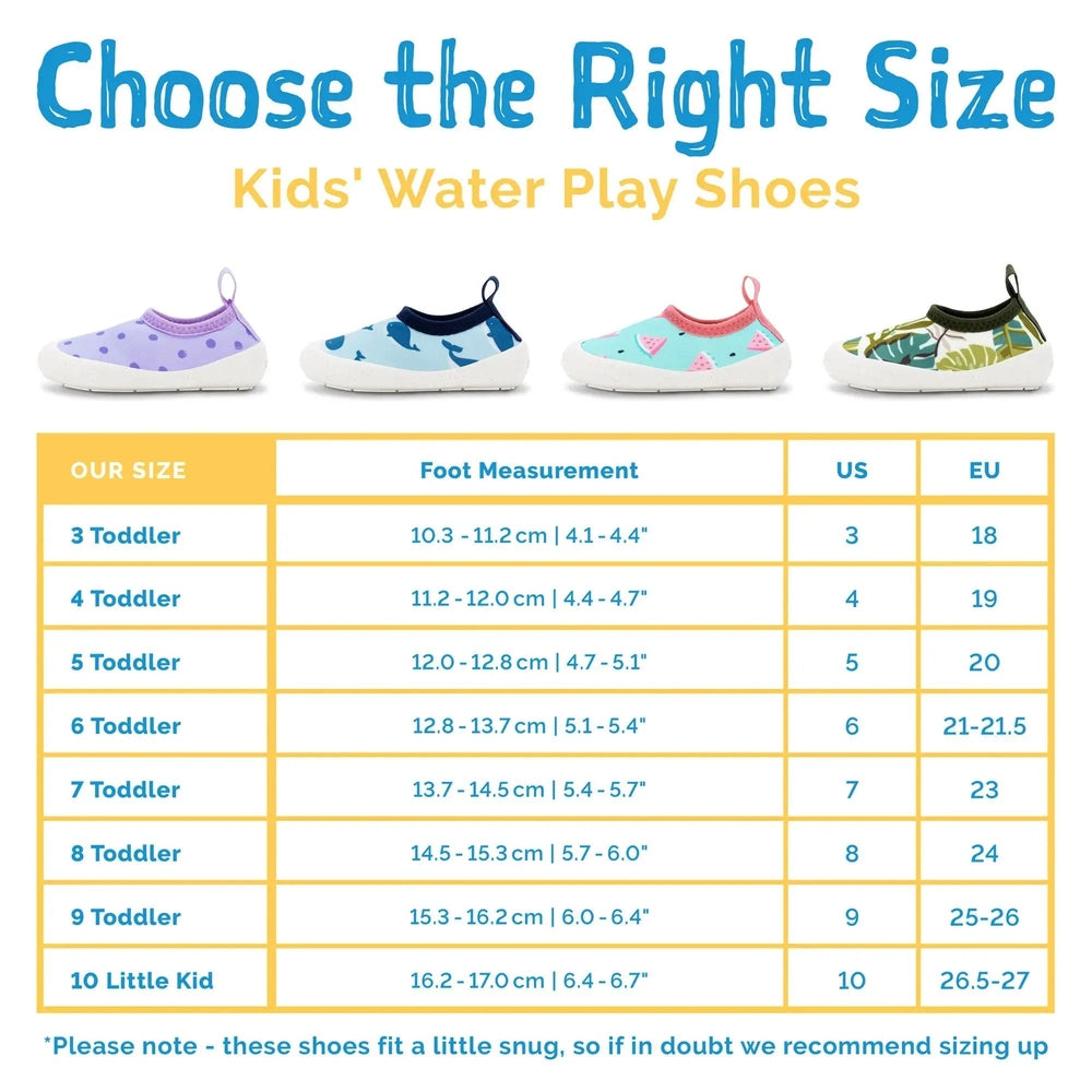 Jan & Jul Kids Water Shoes Lavender Ice Cream: four colorful toddler pairs lined up, size 3–10, showing flexible white soles.