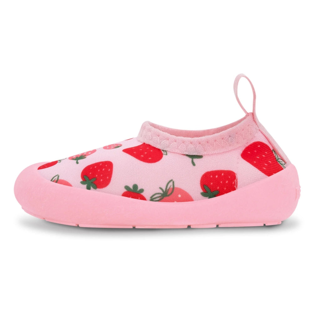 JAN & JUL Kids Water Shoes Pink Strawberry pattern, slip-on with back loop and cushioned pink outsole.