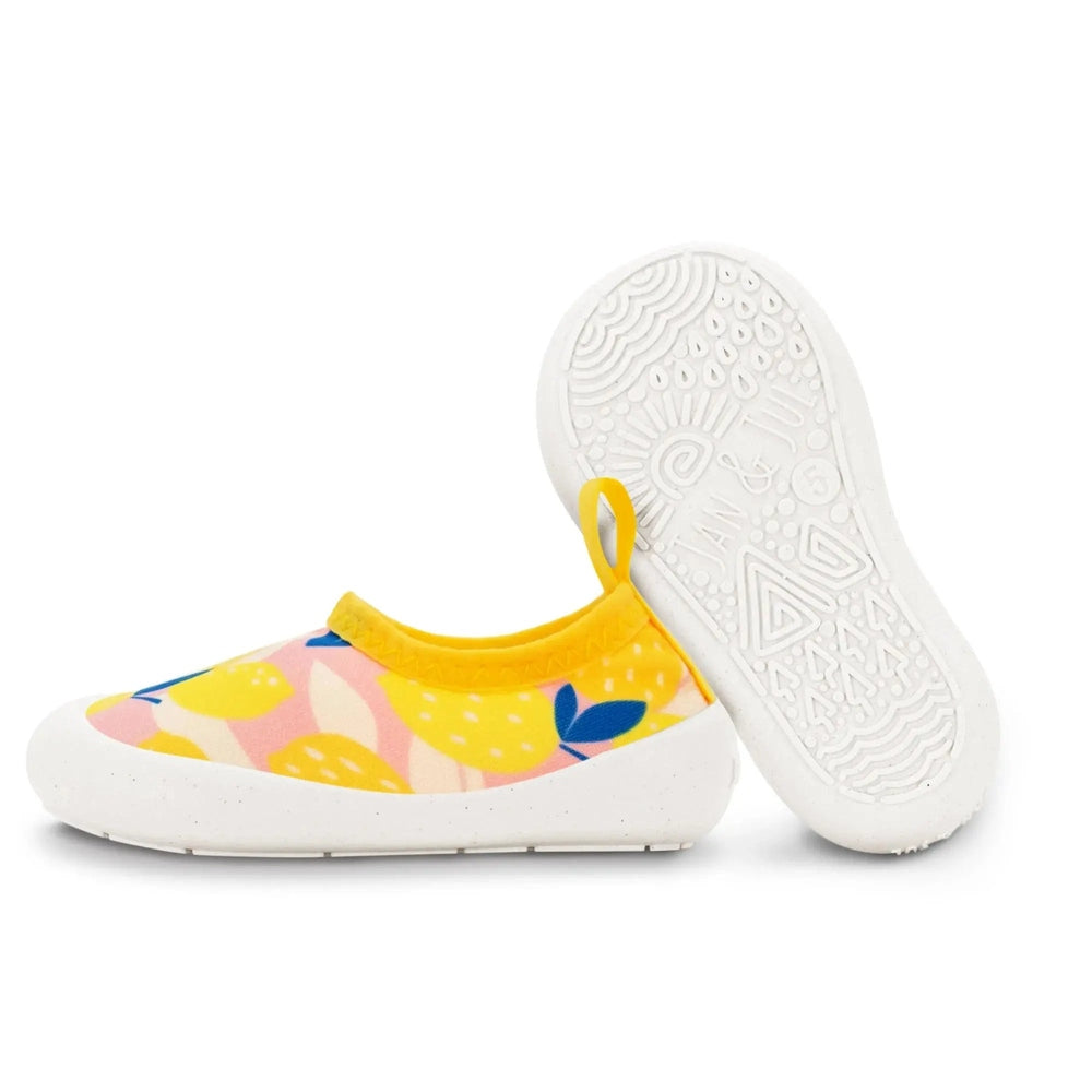 Jan & Jul Kids Water Shoes Summer Citrus, slip-on yellow citrus print with white sole and pull tab for toddlers