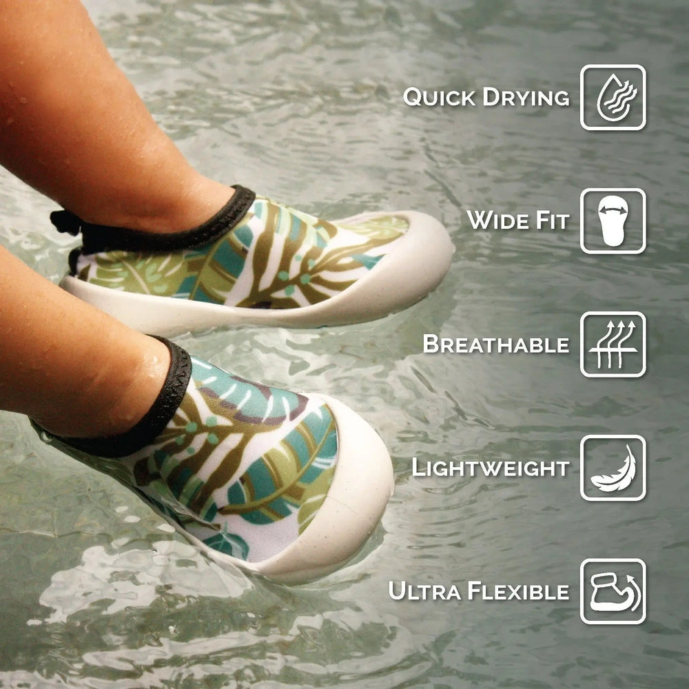 Jan & Jul Kids Water Shoes Summer Citrus with tropical leaf print, toddler feet wading in water showing quick-drying, breathable, lightweight flexibility.