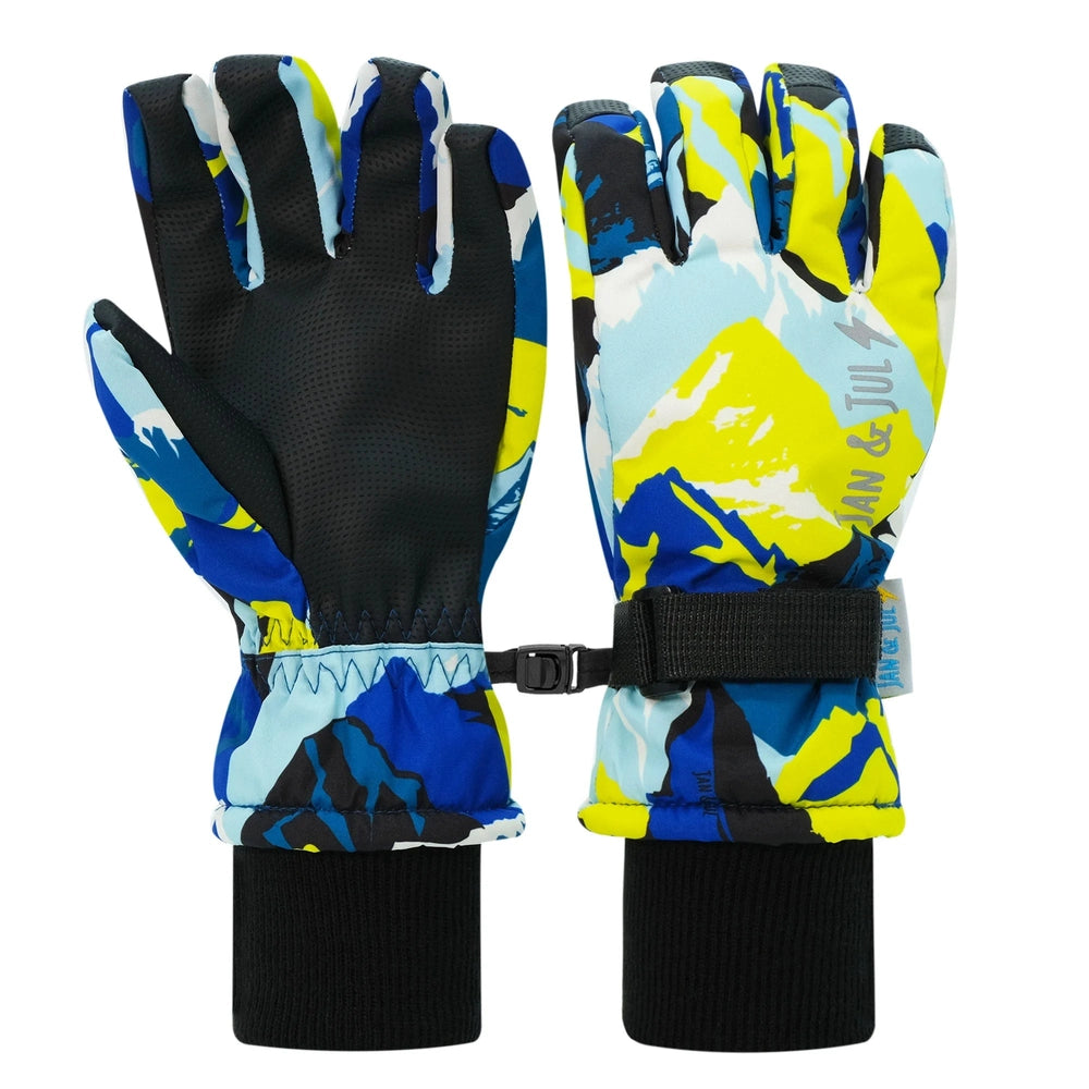 Jan & Jul Kids Waterproof Snow Gloves Neon Peaks, colorful pattern; adjustable wrist strap cinches for warmth.